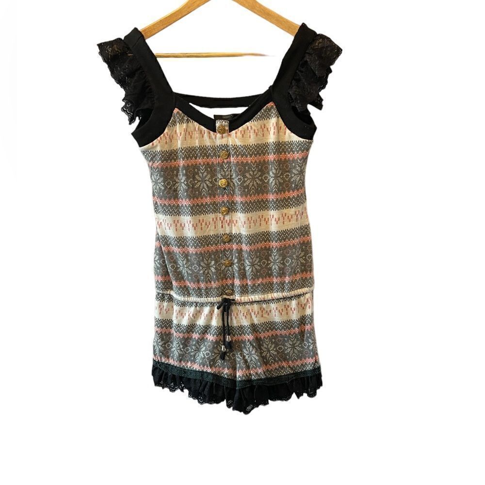Boho Jersey Knit Lace Detail Nautical Button Scoop Neck Romper M